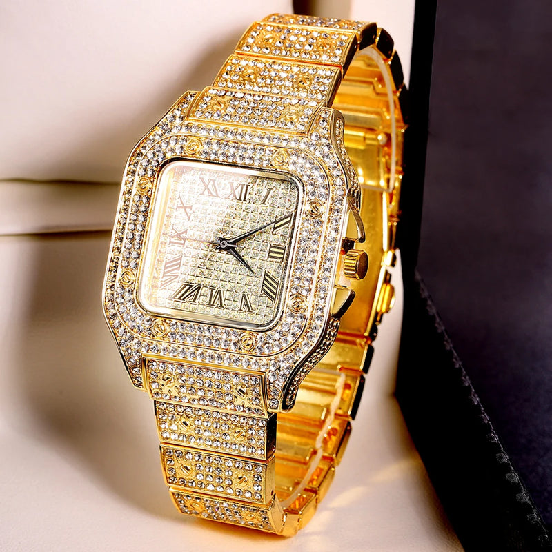 Reloj de Cadena Cubana Color Dorado para Hombres, Hip Hop Miami Curb, Iced Out con Piedras de Rhinestone, Collar Brillante de Rapero, Joyería de Reloj + Pulsera