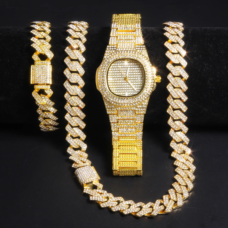 Reloj de Cadena Cubana Color Dorado para Hombres, Hip Hop Miami Curb, Iced Out con Piedras de Rhinestone, Collar Brillante de Rapero, Joyería de Reloj + Pulsera