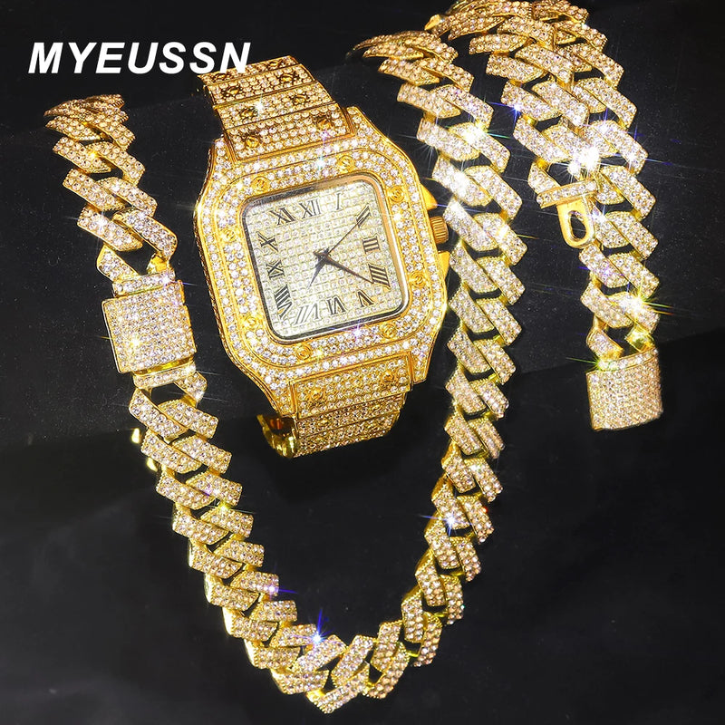 Reloj de Cadena Cubana Color Dorado para Hombres, Hip Hop Miami Curb, Iced Out con Piedras de Rhinestone, Collar Brillante de Rapero, Joyería de Reloj + Pulsera