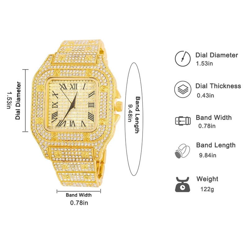 Reloj de Cadena Cubana Color Dorado para Hombres, Hip Hop Miami Curb, Iced Out con Piedras de Rhinestone, Collar Brillante de Rapero, Joyería de Reloj + Pulsera