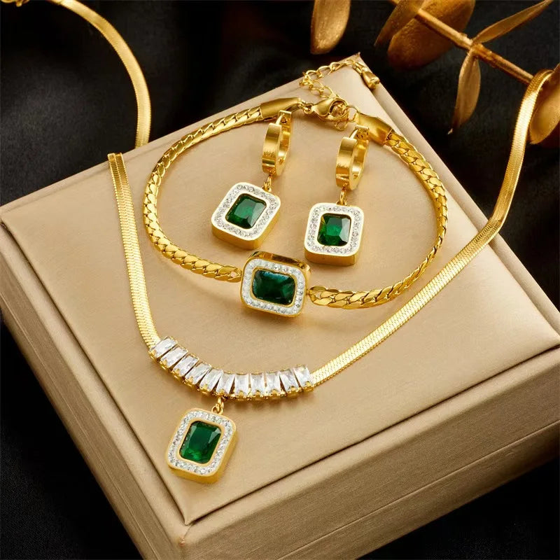 Juego de joyas para mujeres DIEYURO: collar, pendientes y colgante de zirconita verde cuadrada de acero inoxidable 316L de lujo, no descolorido, ideales como regalo.