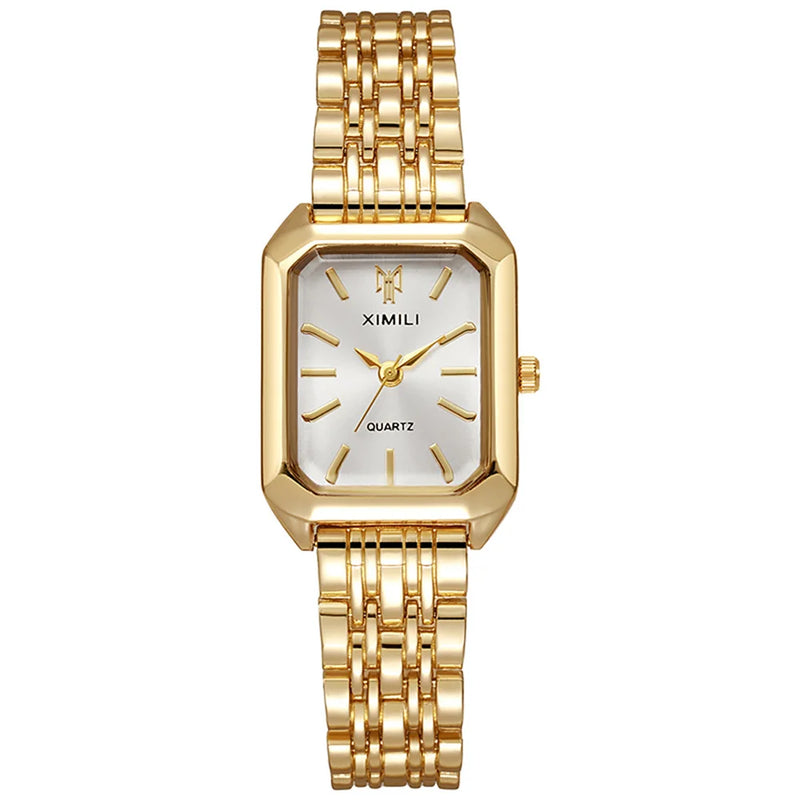 Reloj de lujo para damas de moda, reloj de cuarzo con escala simple, cuadrado, de calidad, dorado, relojes de mujer, reloj de negocios de acero inoxidable con plegado.