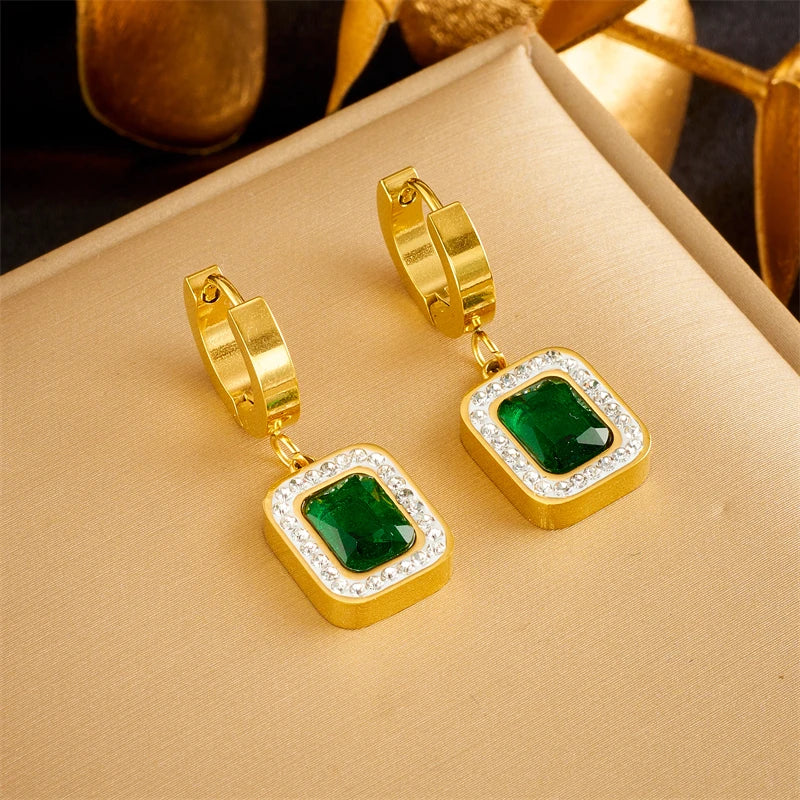 Juego de joyas para mujeres DIEYURO: collar, pendientes y colgante de zirconita verde cuadrada de acero inoxidable 316L de lujo, no descolorido, ideales como regalo.