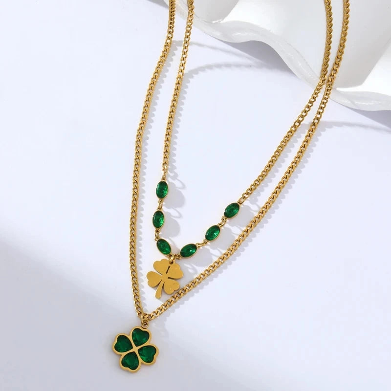 Conjunto de Joyería de Acero Inoxidable 316L con Cristal Verde y Diseño de Trébol para Mujeres - Pendientes, Collar y Pulsera de Moda, Joyería Impermeable Bijoux