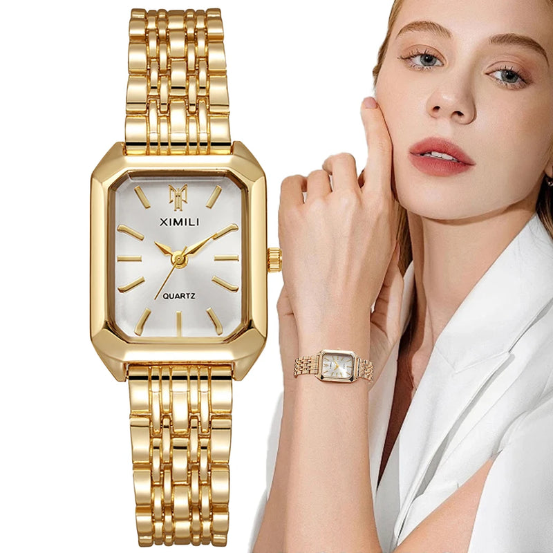 Reloj de lujo para damas de moda, reloj de cuarzo con escala simple, cuadrado, de calidad, dorado, relojes de mujer, reloj de negocios de acero inoxidable con plegado.