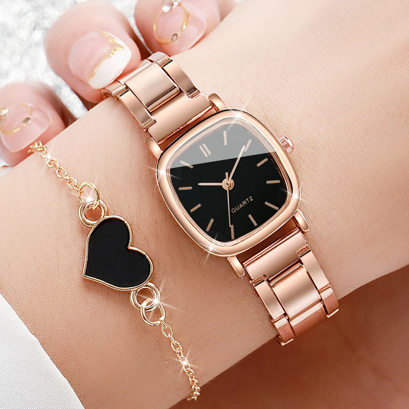 Juego de 2 Relojes de Moda para Mujeres con Banda de Acero Inoxidable, Reloj de Cuarzo y Pulsera en Forma de Corazón