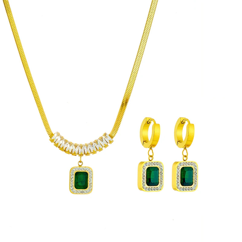 Juego de joyas para mujeres DIEYURO: collar, pendientes y colgante de zirconita verde cuadrada de acero inoxidable 316L de lujo, no descolorido, ideales como regalo.