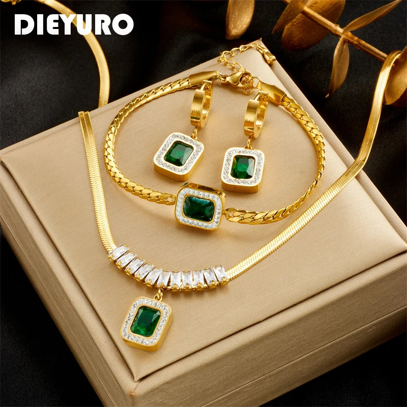 Juego de joyas para mujeres DIEYURO: collar, pendientes y colgante de zirconita verde cuadrada de acero inoxidable 316L de lujo, no descolorido, ideales como regalo.