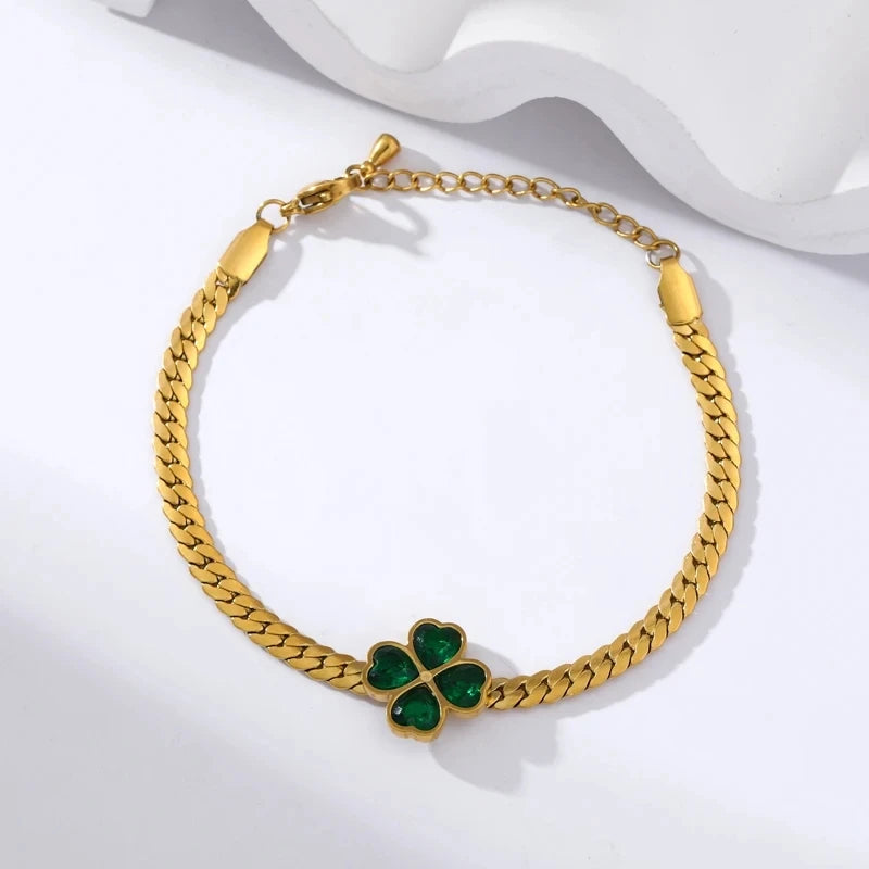 Conjunto de Joyería de Acero Inoxidable 316L con Cristal Verde y Diseño de Trébol para Mujeres - Pendientes, Collar y Pulsera de Moda, Joyería Impermeable Bijoux