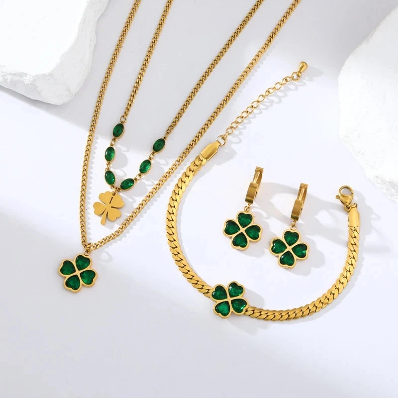 Conjunto de Joyería de Acero Inoxidable 316L con Cristal Verde y Diseño de Trébol para Mujeres - Pendientes, Collar y Pulsera de Moda, Joyería Impermeable Bijoux